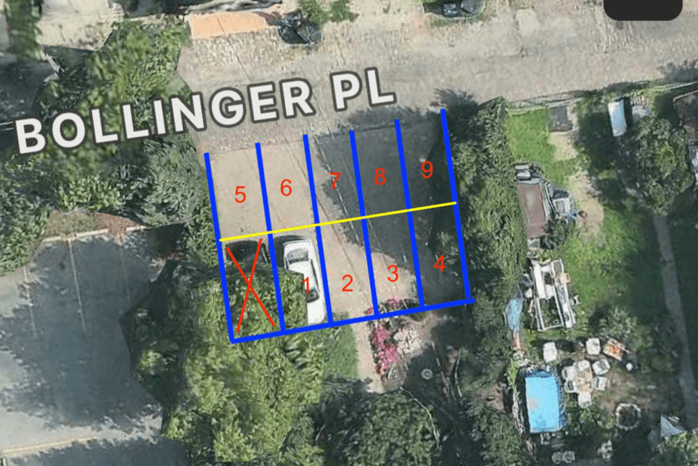 Aerial view of a parking area on Bollinger Place, marked with numbered sections and a red "X" indicating no parking.