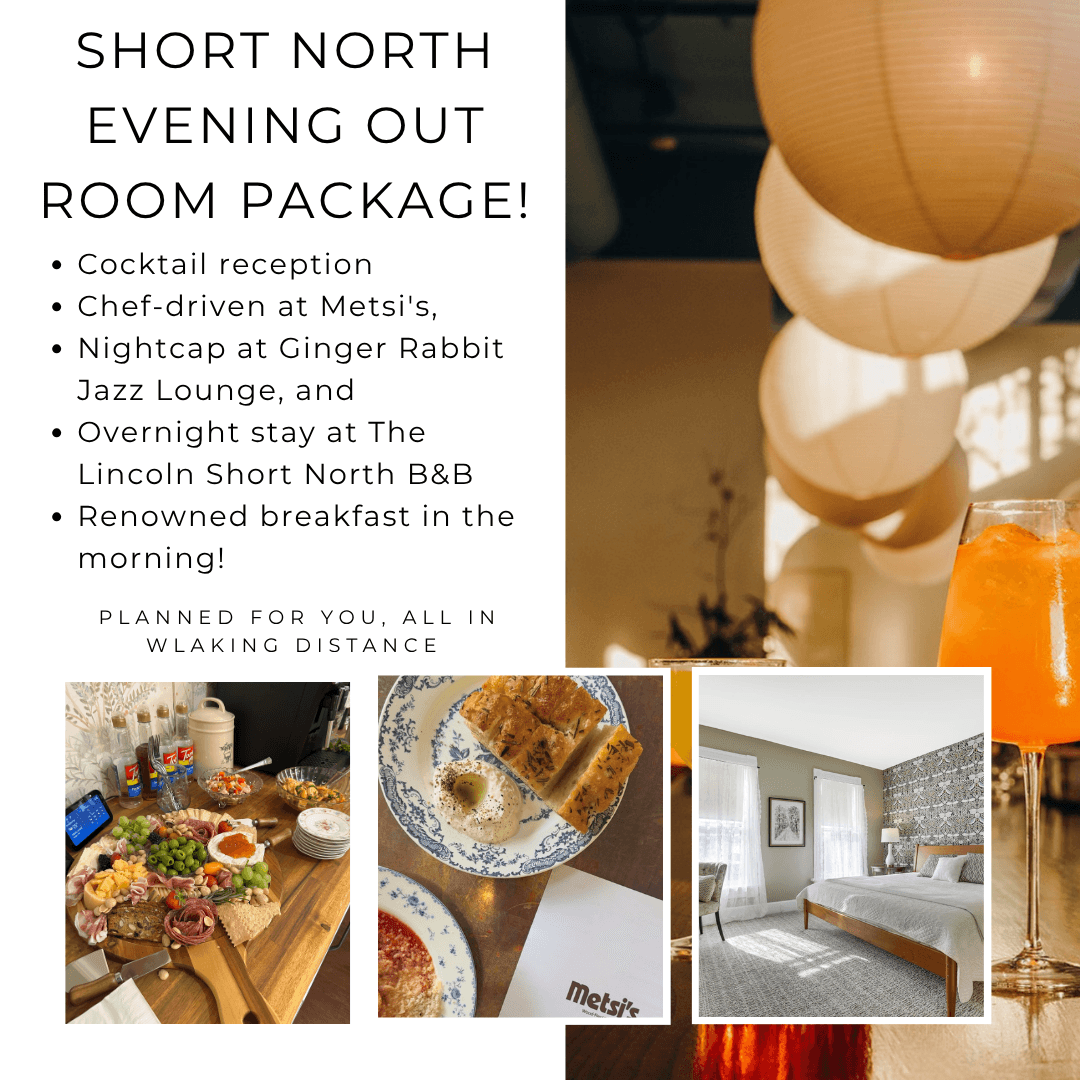 Promotional image for a Short North Evening Out room package featuring dining and overnight stay details. Promotional image for a Short North Evening Out room package featuring dining and overnight stay details.