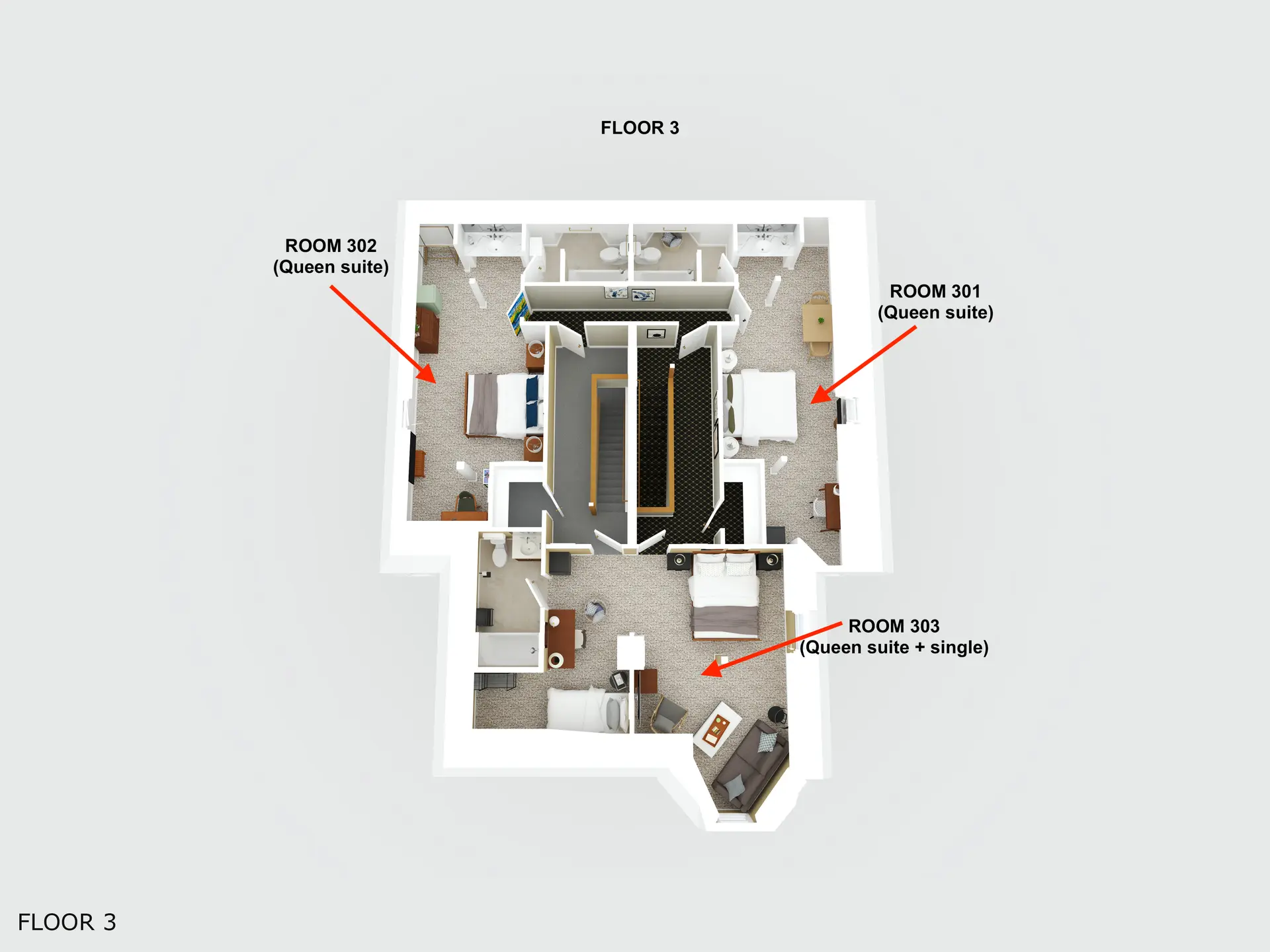 A diagram of the third floor layout showing three queen suites (Rooms 301, 302, and 303) and their arrangement.