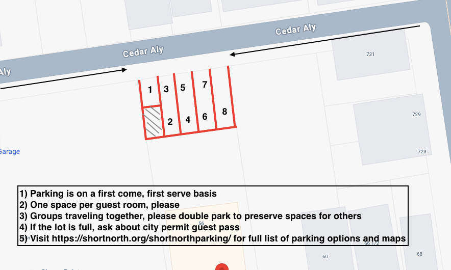 Parking layout with rules for first-come, one space per guest, and options for double parking and permit passes.