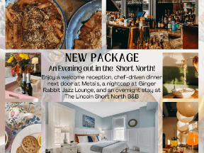 Promotional collage for a package including dinner, drinks, and a stay at a Short North B&B.