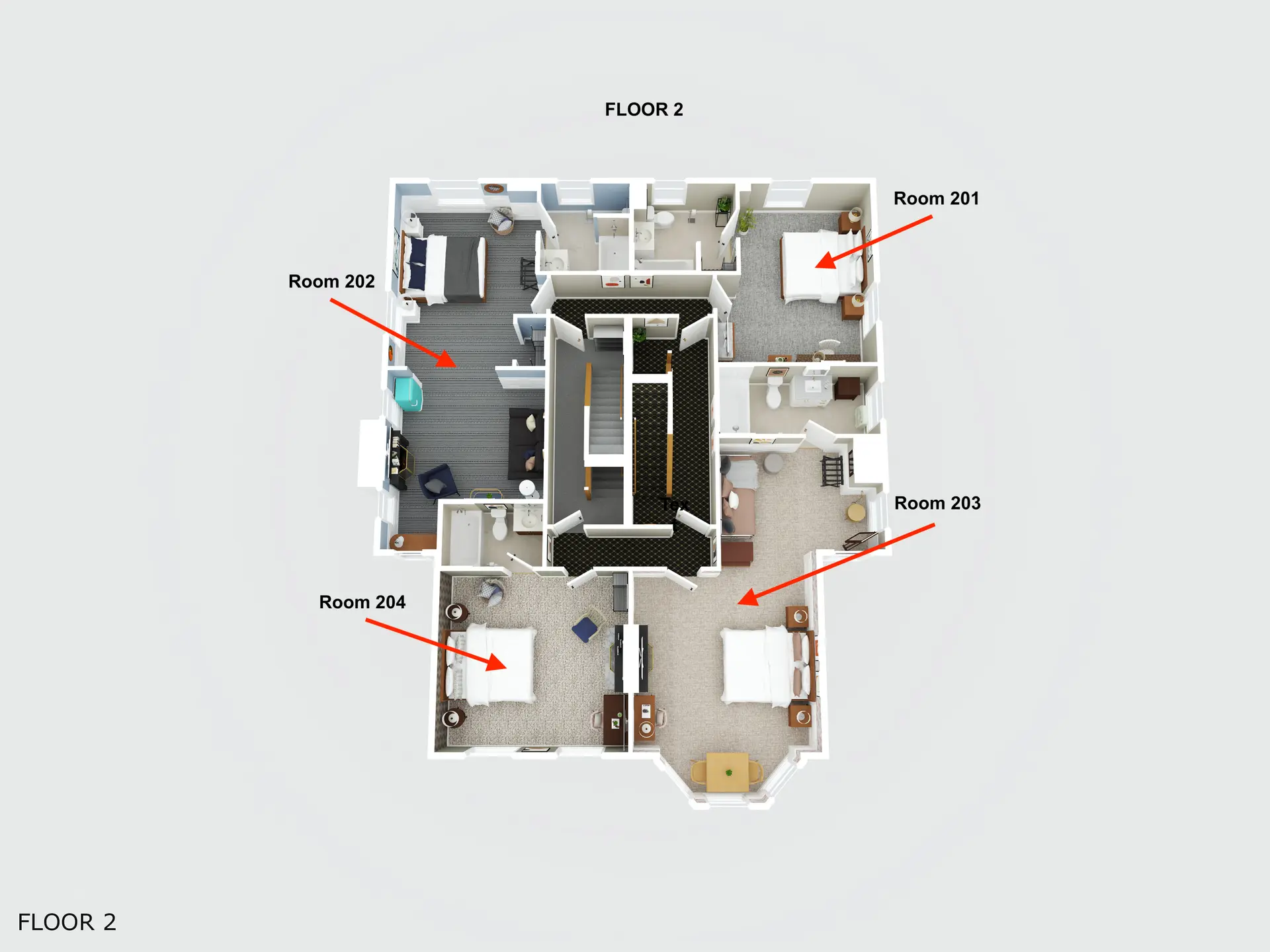 Top-down view of a floor plan labeled with four rooms on the second floor.