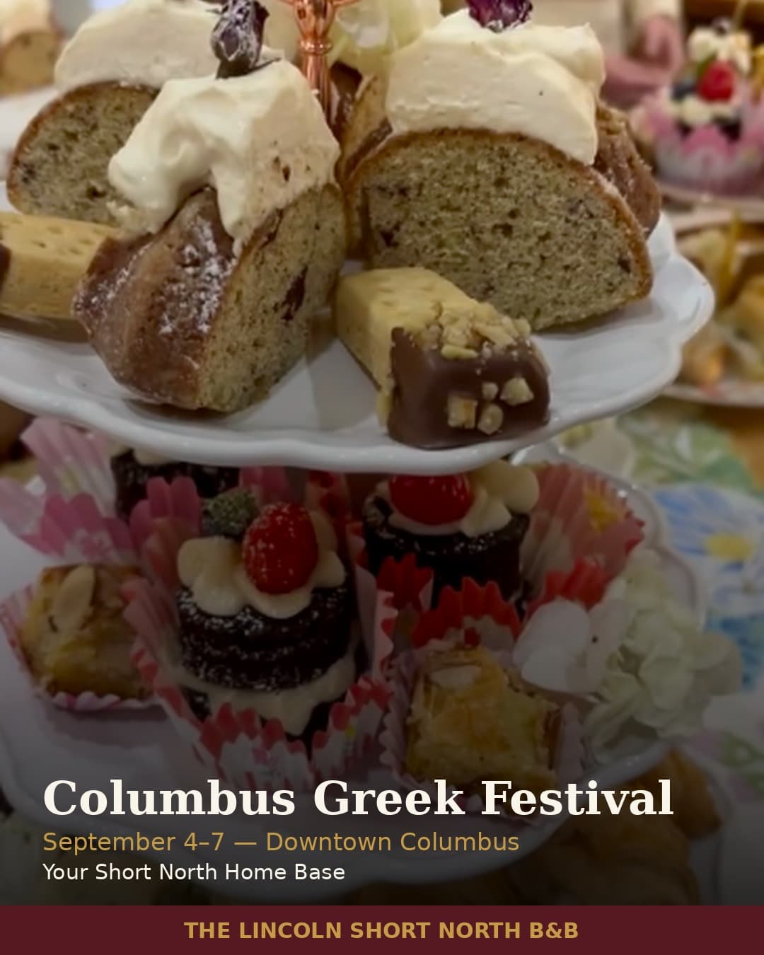A display of assorted Greek pastries at the Columbus Greek Festival, featuring cakes, chocolates, and sweet treats. A display of assorted Greek pastries at the Columbus Greek Festival, featuring cakes, chocolates, and sweet treats.